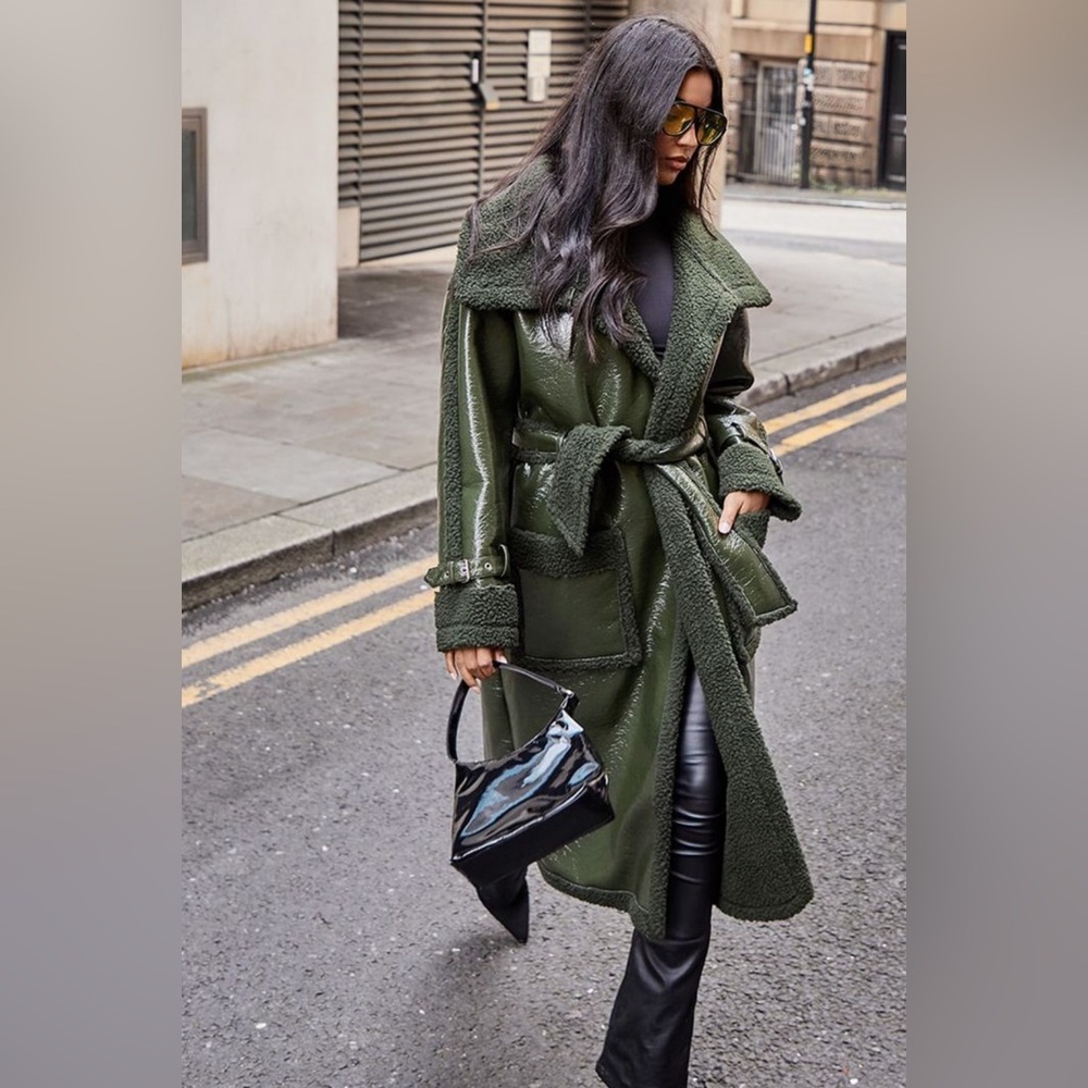 Green Contrast Borg Midi Coat
